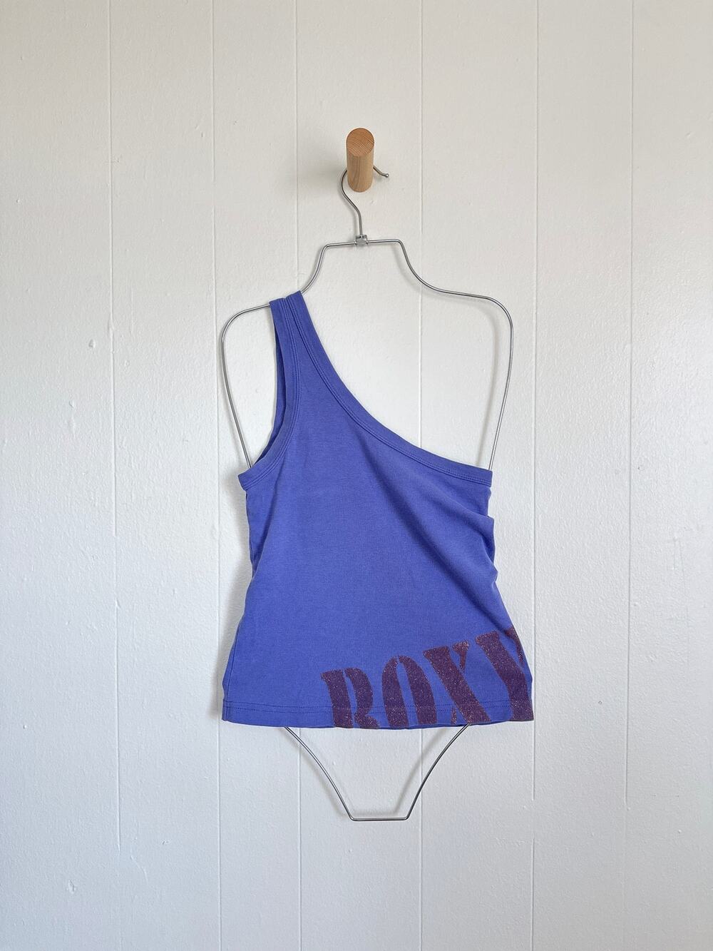 Vtg Y2K Roxy One Shoulder Glitter Logo Top Blue Surf Core Made in USA Fits Small